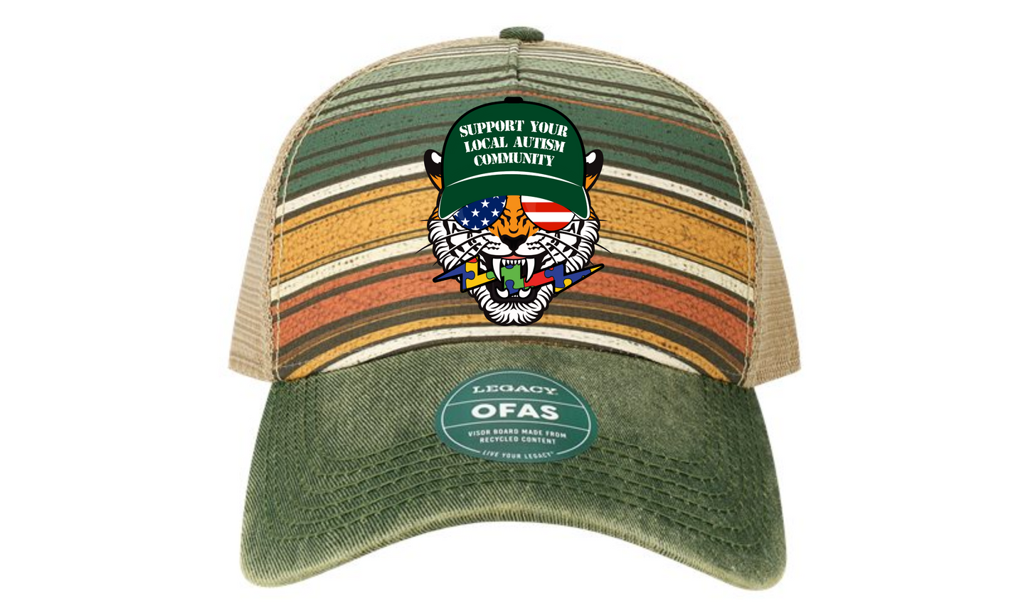 LEGACY - Old Favorite Five-Panel Green Stripe Trucker Cap - Autism Tiger