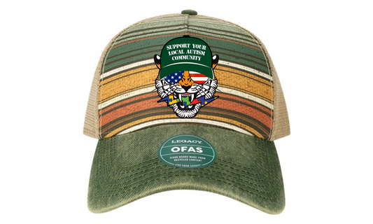 LEGACY - Old Favorite Five-Panel Green Stripe Trucker Cap - Autism Tiger