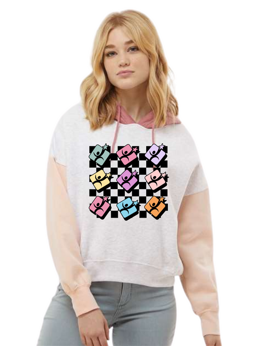 MV Sport - Women's Sueded Fleece Cameo Pink  Colorblocked Crop Hooded Sweatshirt - Checker