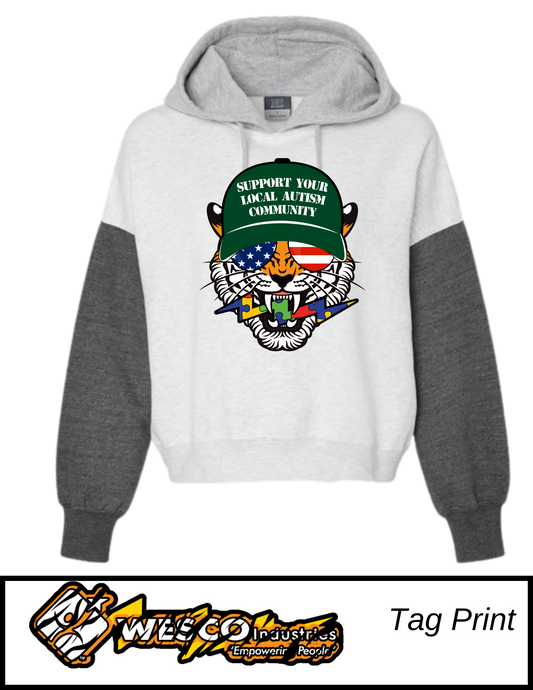 MV Sport - Women's Sueded Fleece Charcoal Colorblocked Crop Hooded Sweatshirt - Support Tiger